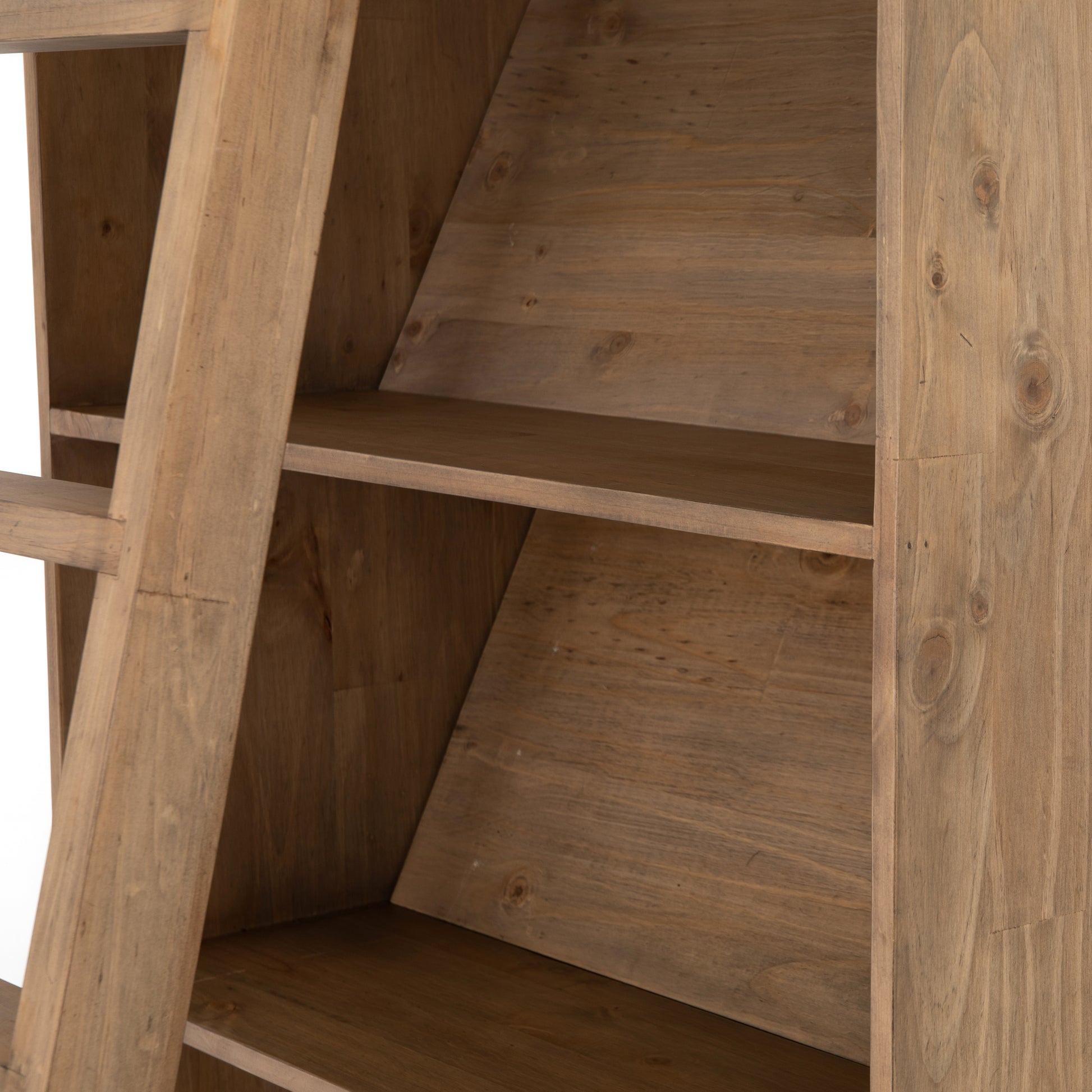 Five roomy shelves are ready to store favorite books and treasures, with smoked solid pine suited for any space. Removable ledges slant at an angle on each shelf, for even-better display of art and coffee table-size books, plus an optional slide ladder (for decorative use only) to complete the look.  Overall Dimensions: 35.50"w x 17.50"d x 98"h Colors: Smoked Pine, Black Iron Materials: Solid Pine, Iron