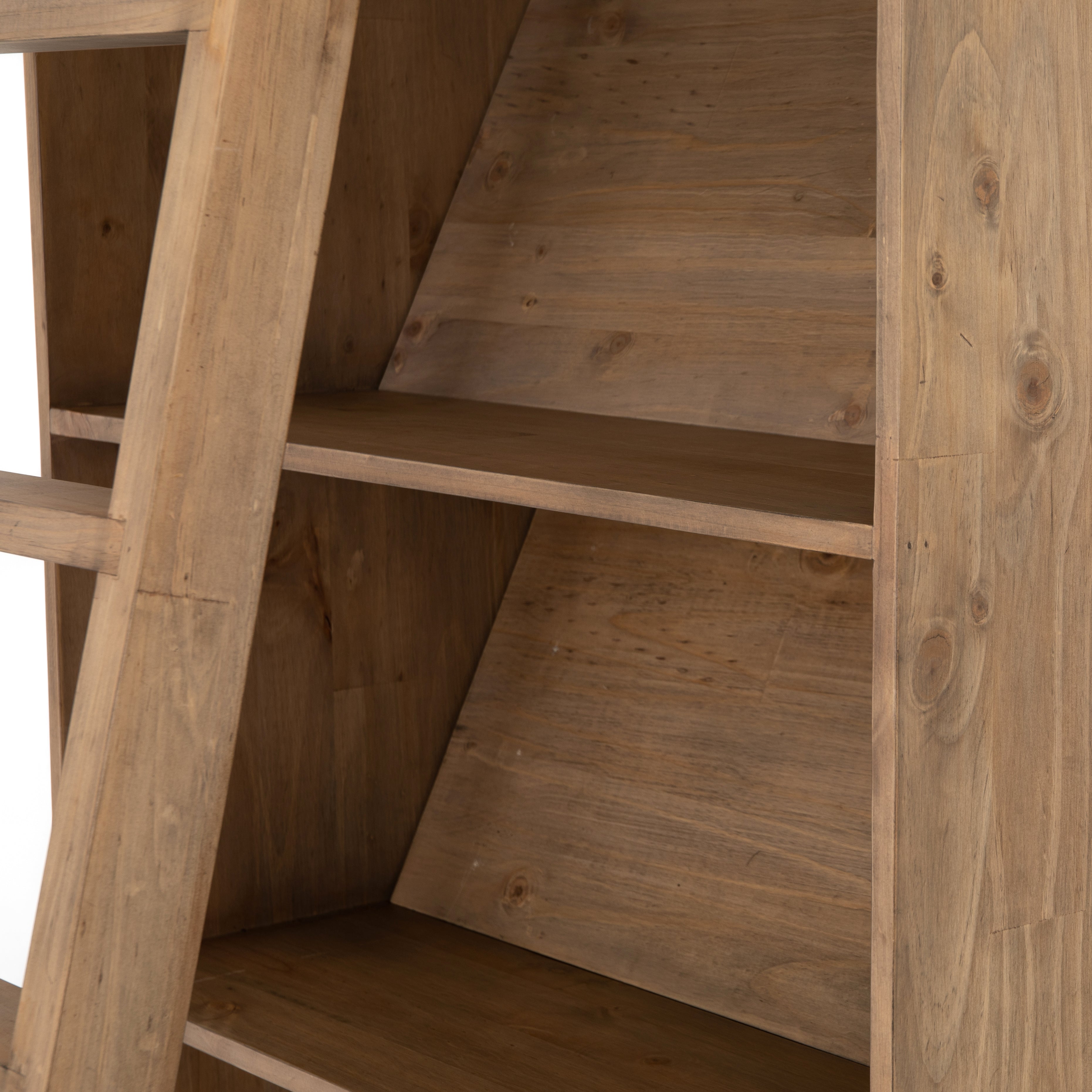 Five roomy shelves are ready to store favorite books and treasures, with smoked solid pine suited for any space. Removable ledges slant at an angle on each shelf, for even-better display of art and coffee table-size books, plus an optional slide ladder (for decorative use only) to complete the look.  Overall Dimensions: 35.50"w x 17.50"d x 98"h Colors: Smoked Pine, Black Iron Materials: Solid Pine, Iron