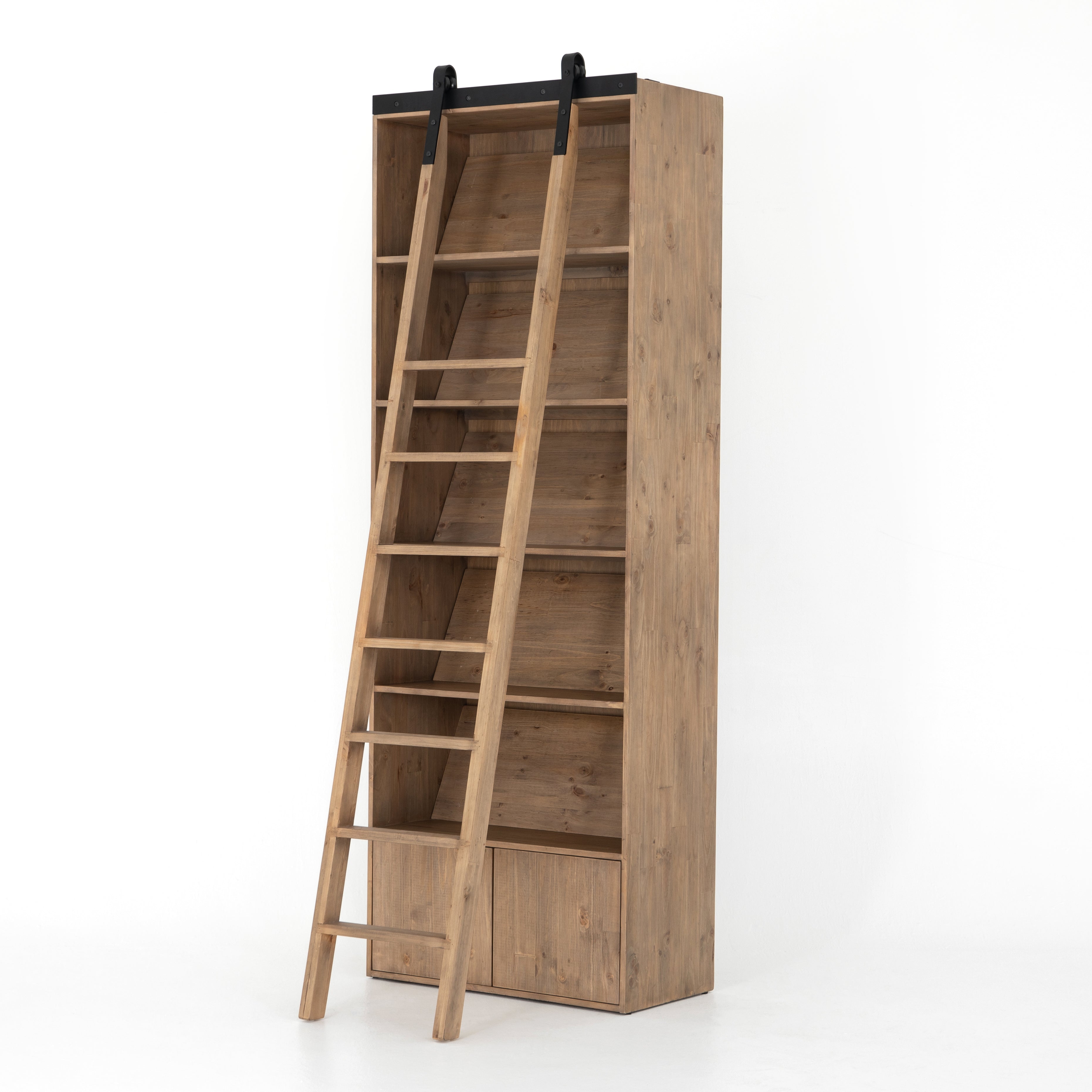 Five roomy shelves are ready to store favorite books and treasures, with smoked solid pine suited for any space. Removable ledges slant at an angle on each shelf, for even-better display of art and coffee table-size books, plus an optional slide ladder (for decorative use only) to complete the look.  Overall Dimensions: 35.50"w x 17.50"d x 98"h Colors: Smoked Pine, Black Iron Materials: Solid Pine, Iron