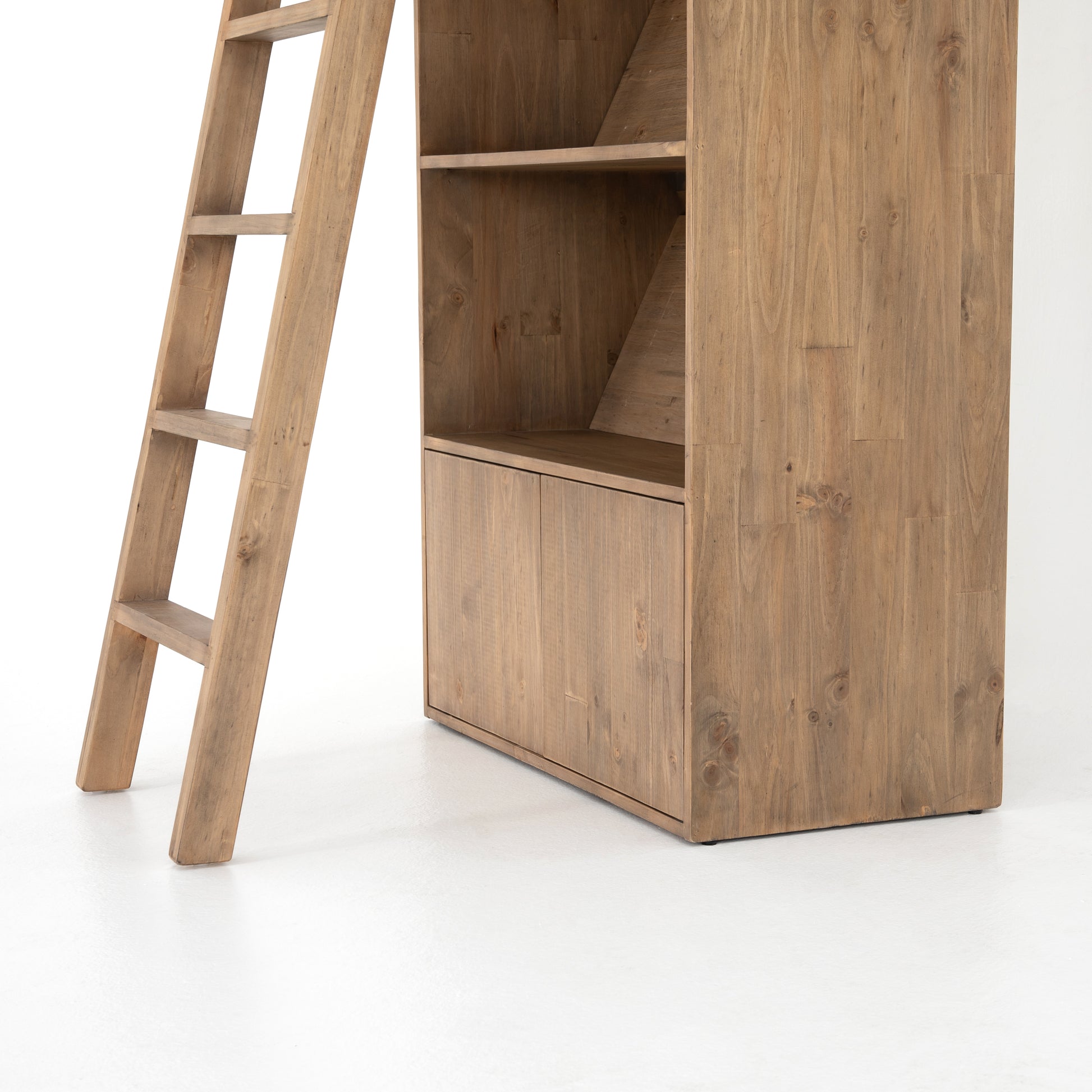 Five roomy shelves are ready to store favorite books and treasures, with smoked solid pine suited for any space. Removable ledges slant at an angle on each shelf, for even-better display of art and coffee table-size books, plus an optional slide ladder (for decorative use only) to complete the look.  Overall Dimensions: 35.50"w x 17.50"d x 98"h Colors: Smoked Pine, Black Iron Materials: Solid Pine, Iron