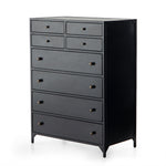 Sleek and industrial-inspired, this Belmont 8 Drawer Tall Dresser has black iron that forms a tall, spacious eight-drawers dresser. The brass knobs bring a cool contrast to any bedroom.   Overall Dimensions: 35.50"w x 19.75"d x 48.00"h  Colors: Black Materials: Iron