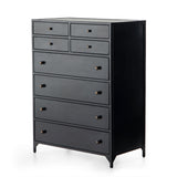 Sleek and industrial-inspired, this Belmont 8 Drawer Tall Dresser has black iron that forms a tall, spacious eight-drawers dresser. The brass knobs bring a cool contrast to any bedroom.   Overall Dimensions: 35.50"w x 19.75"d x 48.00"h  Colors: Black Materials: Iron
