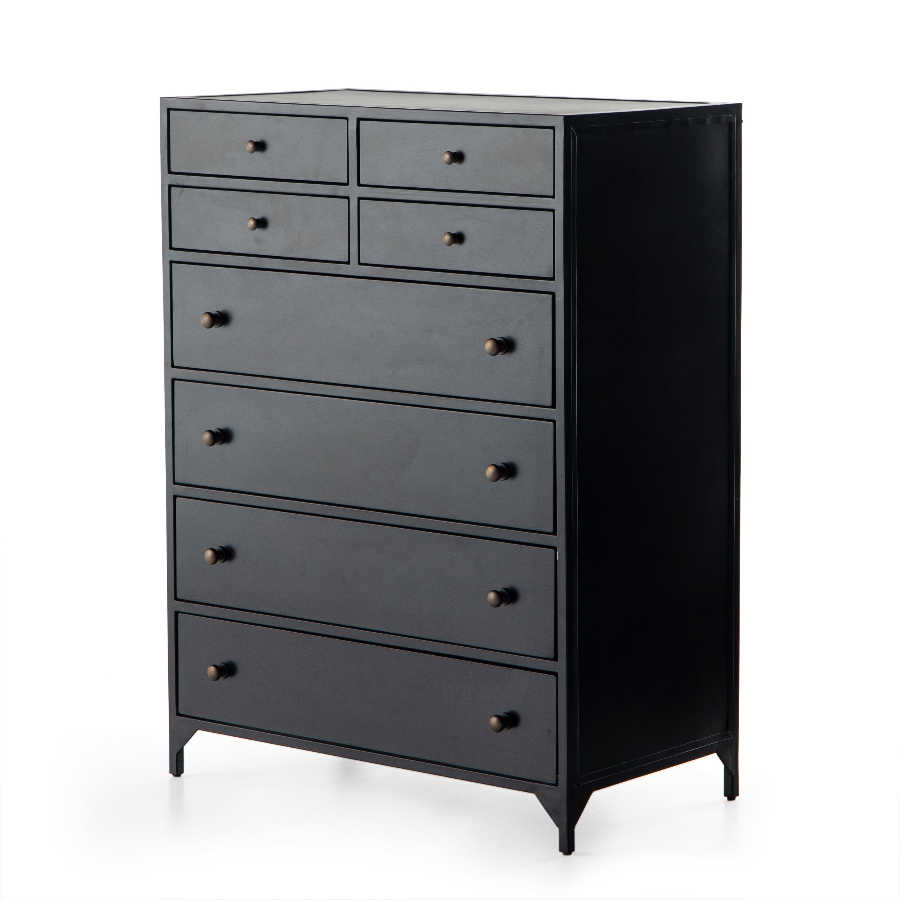 Sleek and industrial-inspired, this Belmont 8 Drawer Tall Dresser has black iron that forms a tall, spacious eight-drawers dresser. The brass knobs bring a cool contrast to any bedroom.   Overall Dimensions: 35.50"w x 19.75"d x 48.00"h  Colors: Black Materials: Iron