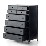 Sleek and industrial-inspired, this Belmont 8 Drawer Tall Dresser has black iron that forms a tall, spacious eight-drawers dresser. The brass knobs bring a cool contrast to any bedroom.   Overall Dimensions: 35.50"w x 19.75"d x 48.00"h  Colors: Black Materials: Iron
