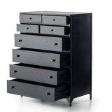 Sleek and industrial-inspired, this Belmont 8 Drawer Tall Dresser has black iron that forms a tall, spacious eight-drawers dresser. The brass knobs bring a cool contrast to any bedroom.   Overall Dimensions: 35.50"w x 19.75"d x 48.00"h  Colors: Black Materials: Iron