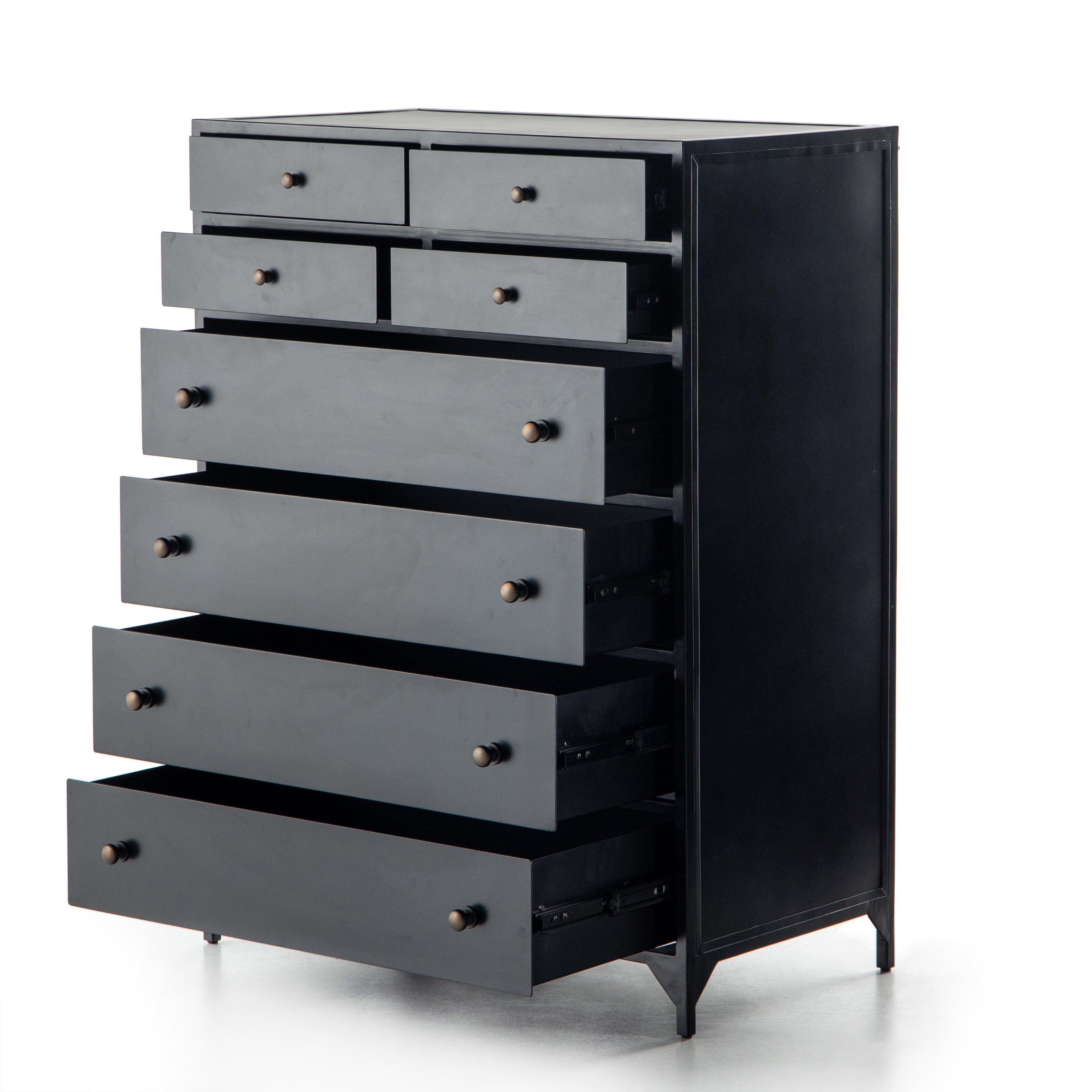 Sleek and industrial-inspired, this Belmont 8 Drawer Tall Dresser has black iron that forms a tall, spacious eight-drawers dresser. The brass knobs bring a cool contrast to any bedroom.   Overall Dimensions: 35.50"w x 19.75"d x 48.00"h  Colors: Black Materials: Iron