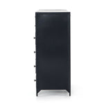 Sleek and industrial-inspired, this Belmont 8 Drawer Tall Dresser has black iron that forms a tall, spacious eight-drawers dresser. The brass knobs bring a cool contrast to any bedroom.   Overall Dimensions: 35.50"w x 19.75"d x 48.00"h  Colors: Black Materials: Iron