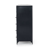 Sleek and industrial-inspired, this Belmont 8 Drawer Tall Dresser has black iron that forms a tall, spacious eight-drawers dresser. The brass knobs bring a cool contrast to any bedroom.   Overall Dimensions: 35.50"w x 19.75"d x 48.00"h  Colors: Black Materials: Iron