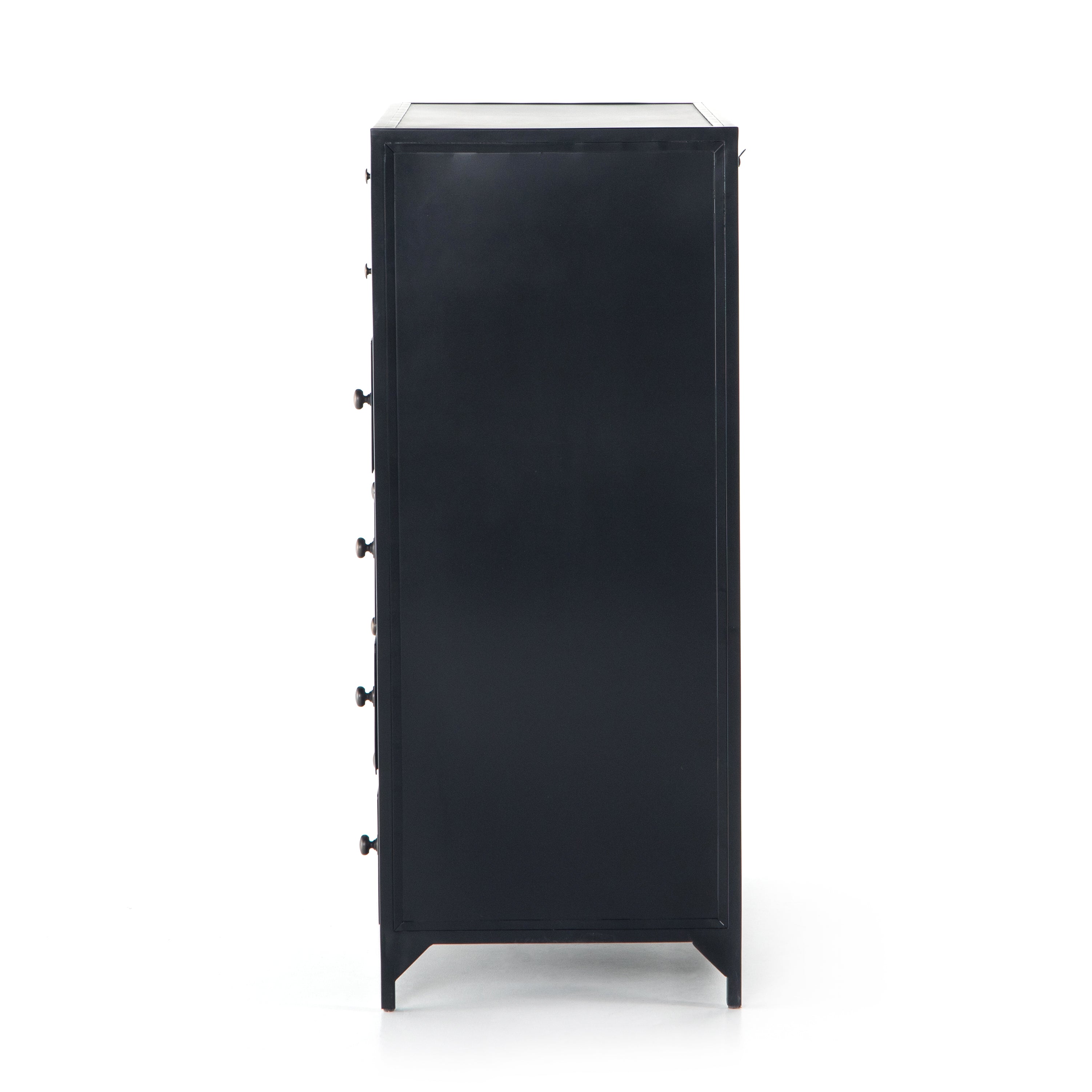 Sleek and industrial-inspired, this Belmont 8 Drawer Tall Dresser has black iron that forms a tall, spacious eight-drawers dresser. The brass knobs bring a cool contrast to any bedroom.   Overall Dimensions: 35.50"w x 19.75"d x 48.00"h  Colors: Black Materials: Iron