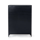 Sleek and industrial-inspired, this Belmont 8 Drawer Tall Dresser has black iron that forms a tall, spacious eight-drawers dresser. The brass knobs bring a cool contrast to any bedroom.   Overall Dimensions: 35.50"w x 19.75"d x 48.00"h  Colors: Black Materials: Iron