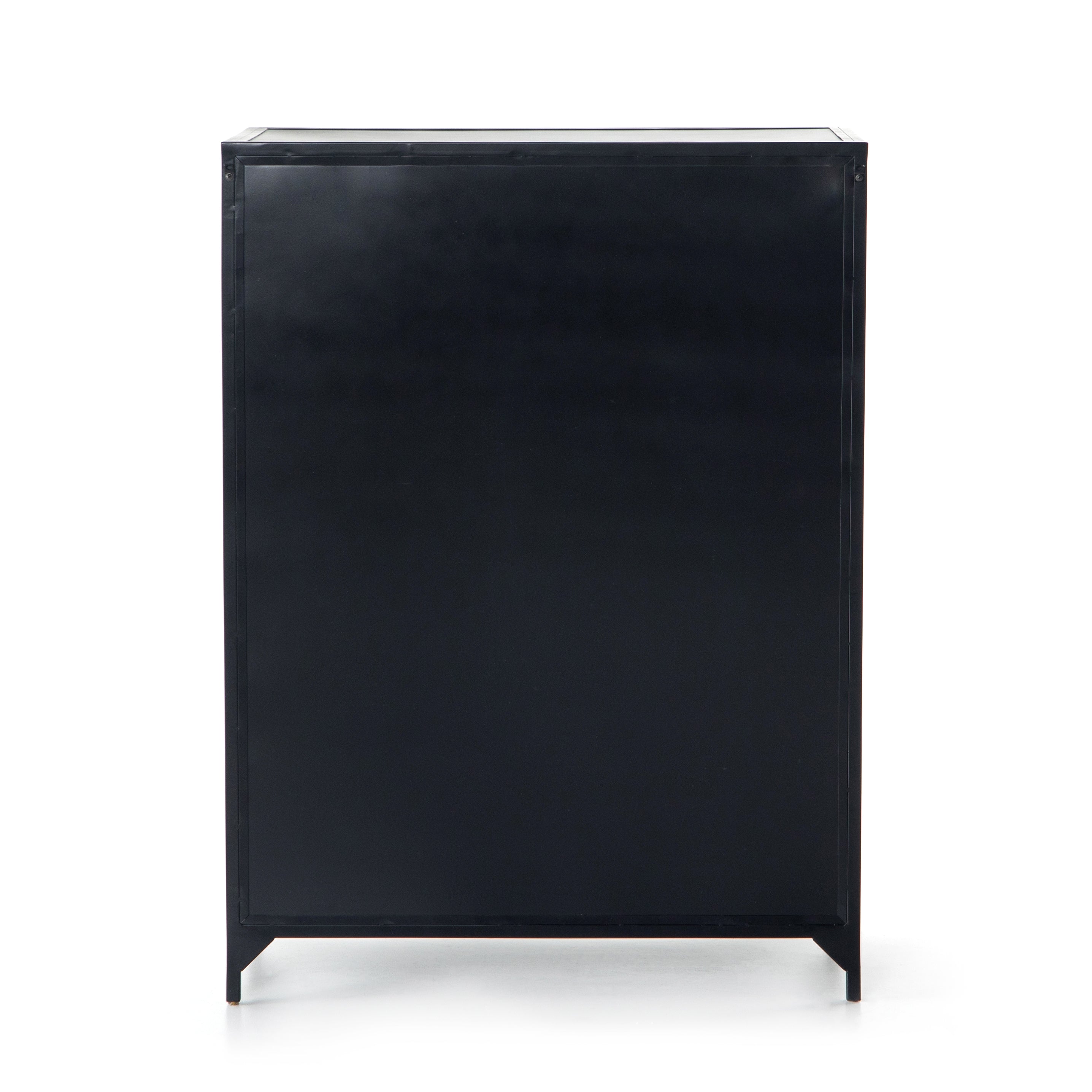 Sleek and industrial-inspired, this Belmont 8 Drawer Tall Dresser has black iron that forms a tall, spacious eight-drawers dresser. The brass knobs bring a cool contrast to any bedroom.   Overall Dimensions: 35.50"w x 19.75"d x 48.00"h  Colors: Black Materials: Iron