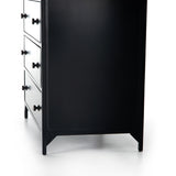 Sleek and industrial-inspired, this Belmont 8 Drawer Tall Dresser has black iron that forms a tall, spacious eight-drawers dresser. The brass knobs bring a cool contrast to any bedroom.   Overall Dimensions: 35.50"w x 19.75"d x 48.00"h  Colors: Black Materials: Iron