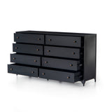 Featuring Belmont Black 8 Drawer Metal Dresser by Four Hands at Amethyst Home. The brass knobs on this Belmont Black 8 Drawer Metal Dress give it a classy, antique look while also being the perfect vessel to store your clothes
Overall Dimensions: 70"W x 18.50"L x 38.50"HColors: BlackMaterials: IronWeight: 321.87 lbVolume: 43.3 cu ft.  Amethyst Home provides interior design, new home construction design consulting, vintage area rugs, and lighting in the Des Moines metro area.
