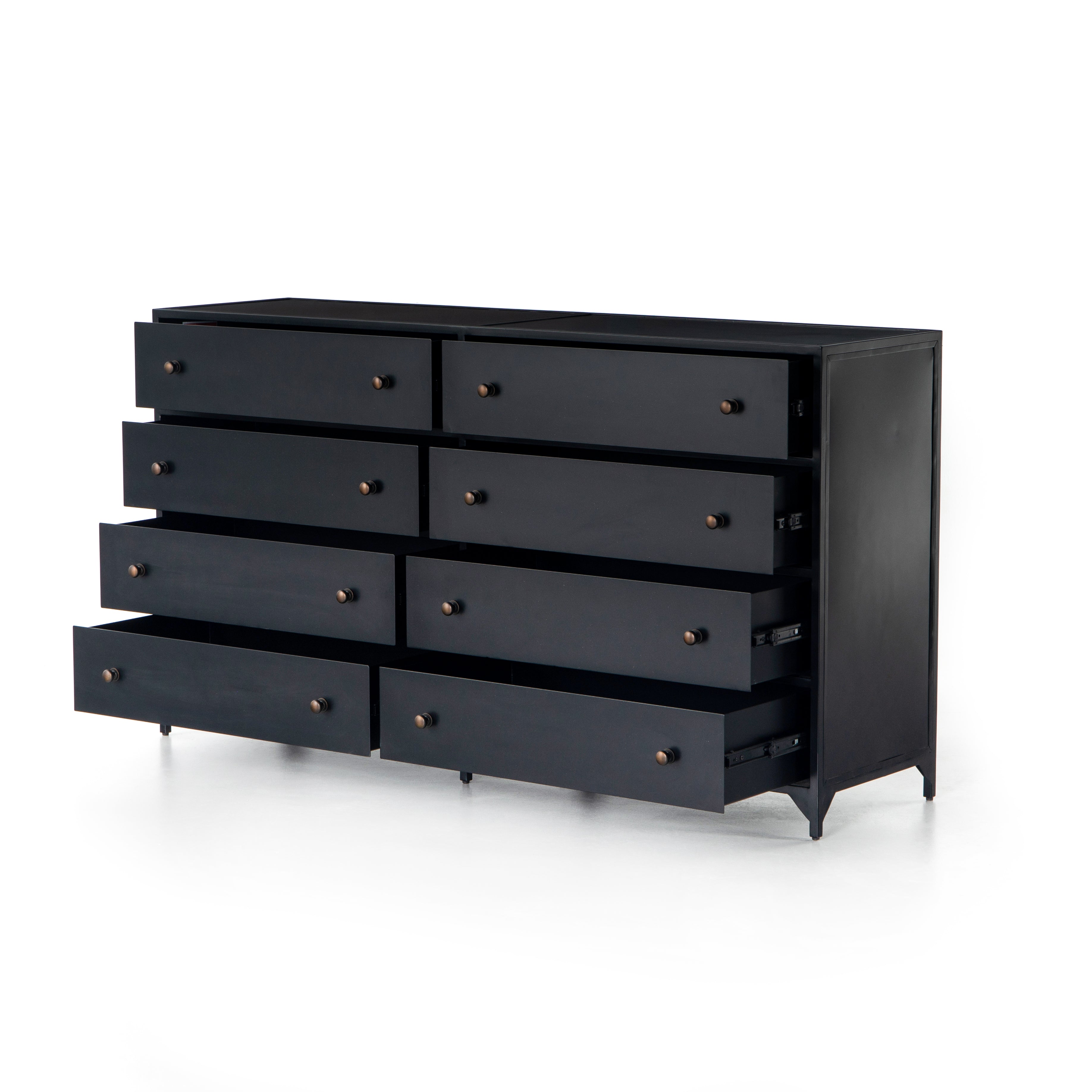 Featuring Belmont Black 8 Drawer Metal Dresser by Four Hands at Amethyst Home. The brass knobs on this Belmont Black 8 Drawer Metal Dress give it a classy, antique look while also being the perfect vessel to store your clothes
Overall Dimensions: 70"W x 18.50"L x 38.50"HColors: BlackMaterials: IronWeight: 321.87 lbVolume: 43.3 cu ft.  Amethyst Home provides interior design, new home construction design consulting, vintage area rugs, and lighting in the Des Moines metro area.