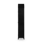 Display barware, books, or other treasures in an arch-topped cabinet. Solid iron sheeting is finished in soft, matte black with contrasting brass hardware.  Overall Dimensions: 39.50"w x 15.75"d x 92.50"h Colors: Black, Clear Glass Materials: Iron, Glass Weight: 235.89 lb