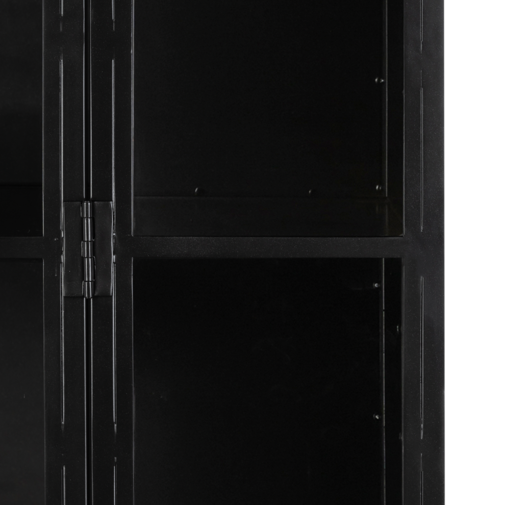 Display barware, books, or other treasures in an arch-topped cabinet. Solid iron sheeting is finished in soft, matte black with contrasting brass hardware.  Overall Dimensions: 39.50"w x 15.75"d x 92.50"h Colors: Black, Clear Glass Materials: Iron, Glass Weight: 235.89 lb