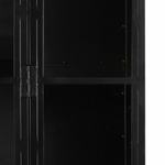 Display barware, books, or other treasures in an arch-topped cabinet. Solid iron sheeting is finished in soft, matte black with contrasting brass hardware.  Overall Dimensions: 39.50"w x 15.75"d x 92.50"h Colors: Black, Clear Glass Materials: Iron, Glass Weight: 235.89 lb
