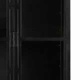 Display barware, books, or other treasures in an arch-topped cabinet. Solid iron sheeting is finished in soft, matte black with contrasting brass hardware.  Overall Dimensions: 39.50"w x 15.75"d x 92.50"h Colors: Black, Clear Glass Materials: Iron, Glass Weight: 235.89 lb