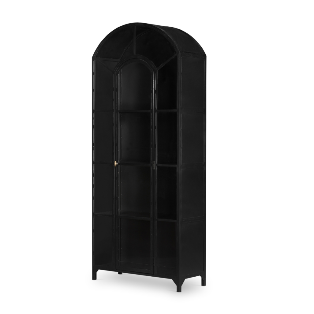 Display barware, books, or other treasures in an arch-topped cabinet. Solid iron sheeting is finished in soft, matte black with contrasting brass hardware.  Overall Dimensions: 39.50"w x 15.75"d x 92.50"h Colors: Black, Clear Glass Materials: Iron, Glass Weight: 235.89 lb