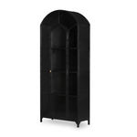 Display barware, books, or other treasures in an arch-topped cabinet. Solid iron sheeting is finished in soft, matte black with contrasting brass hardware.  Overall Dimensions: 39.50"w x 15.75"d x 92.50"h Colors: Black, Clear Glass Materials: Iron, Glass Weight: 235.89 lb