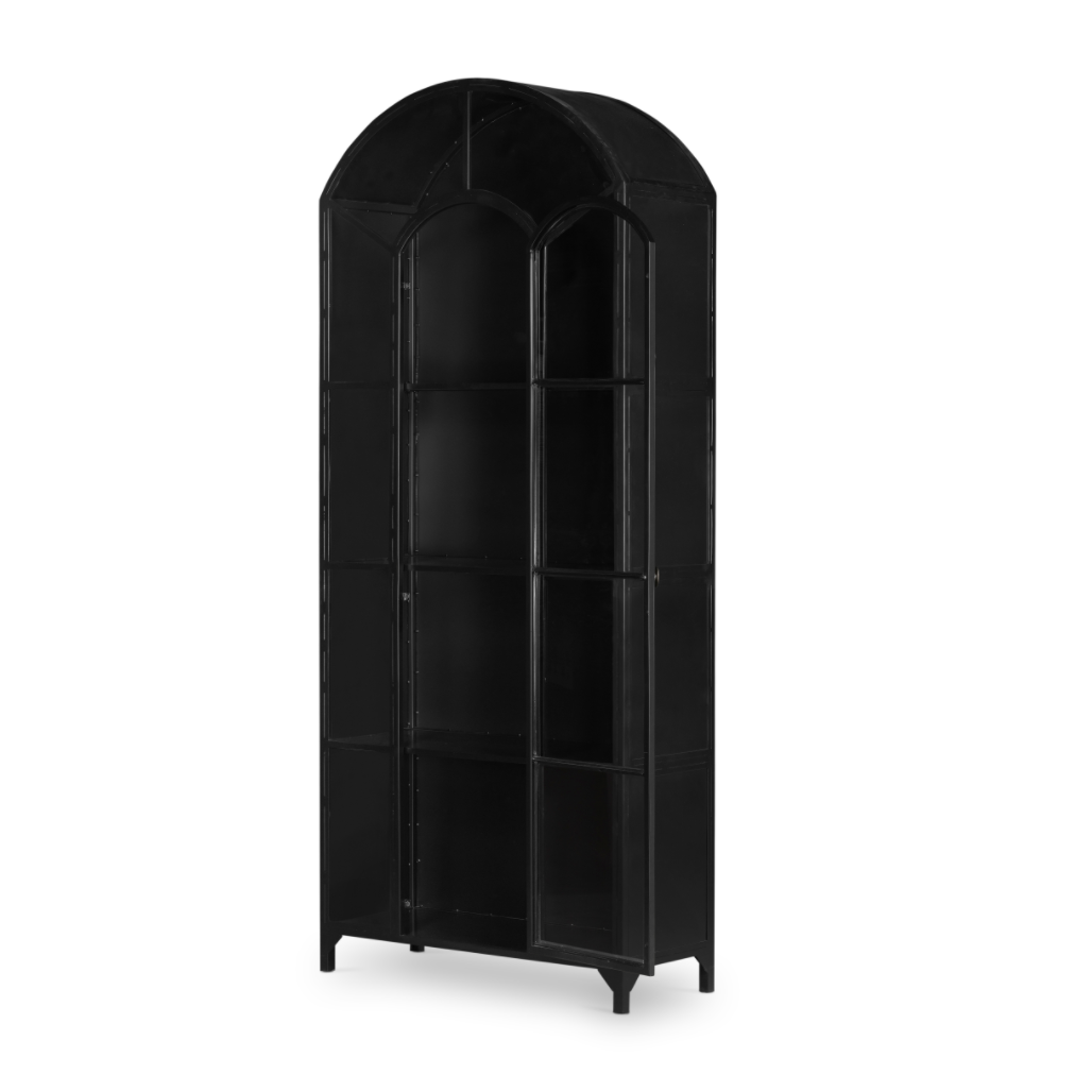 Display barware, books, or other treasures in an arch-topped cabinet. Solid iron sheeting is finished in soft, matte black with contrasting brass hardware.  Overall Dimensions: 39.50"w x 15.75"d x 92.50"h Colors: Black, Clear Glass Materials: Iron, Glass Weight: 235.89 lb