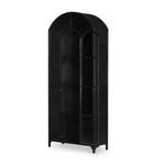 Display barware, books, or other treasures in an arch-topped cabinet. Solid iron sheeting is finished in soft, matte black with contrasting brass hardware.  Overall Dimensions: 39.50"w x 15.75"d x 92.50"h Colors: Black, Clear Glass Materials: Iron, Glass Weight: 235.89 lb