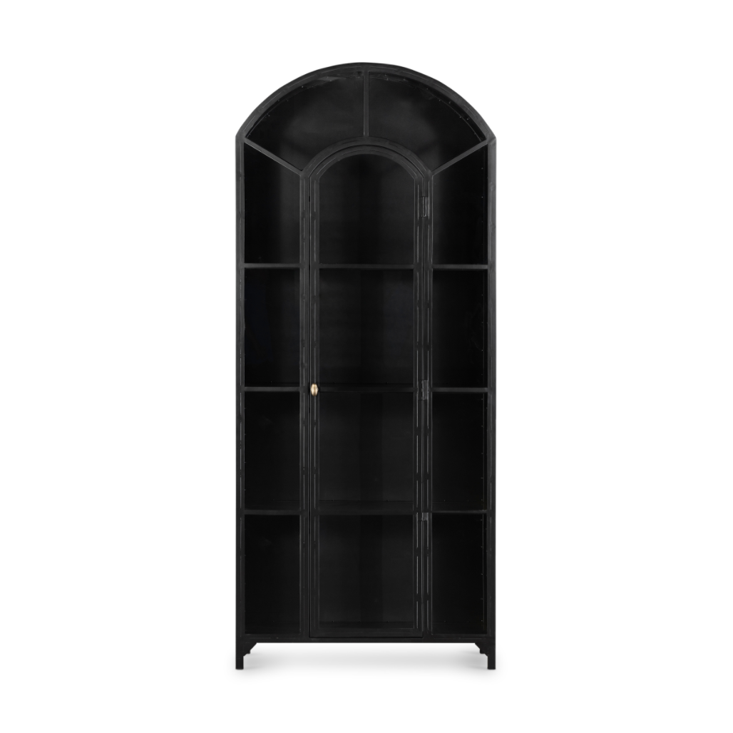 Display barware, books, or other treasures in an arch-topped cabinet. Solid iron sheeting is finished in soft, matte black with contrasting brass hardware.  Overall Dimensions: 39.50"w x 15.75"d x 92.50"h Colors: Black, Clear Glass Materials: Iron, Glass Weight: 235.89 lb