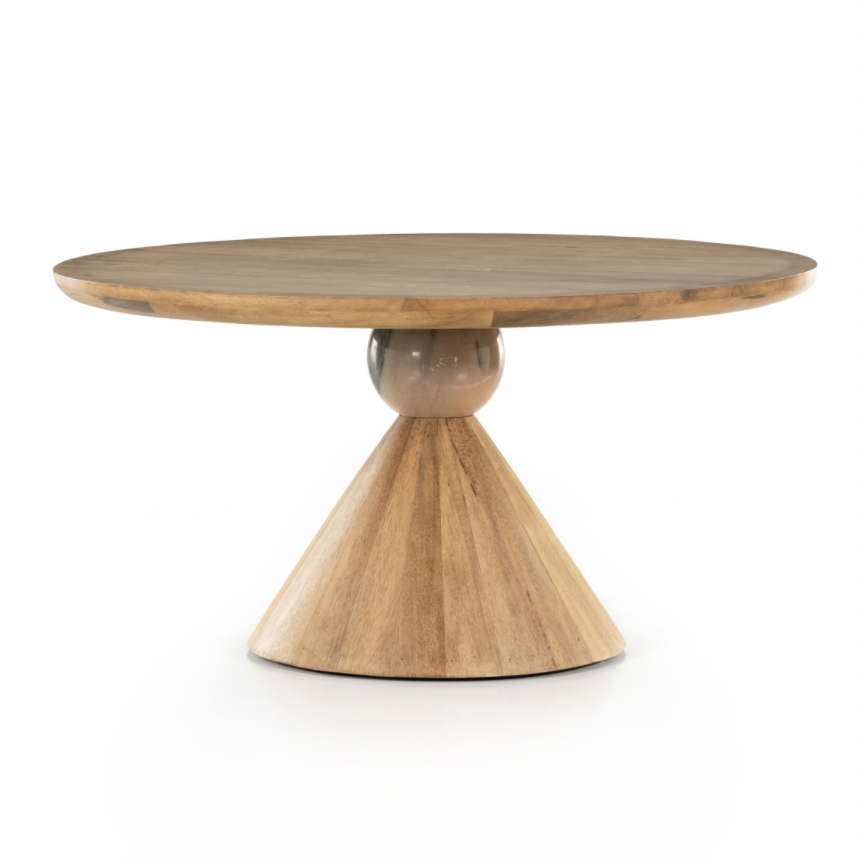 This Bibianna Dining Table - Smoked Honey is a sculptural showstopper inspired by Italian design. Finished in a smoked honey, a cone-tapered parawood base supports a roomy, rounded tabletop separated by blush-finished marble detailing. Seats six comfortably.  Overall Dimensions: 60.00"w x 60.00"d x 30.50"h