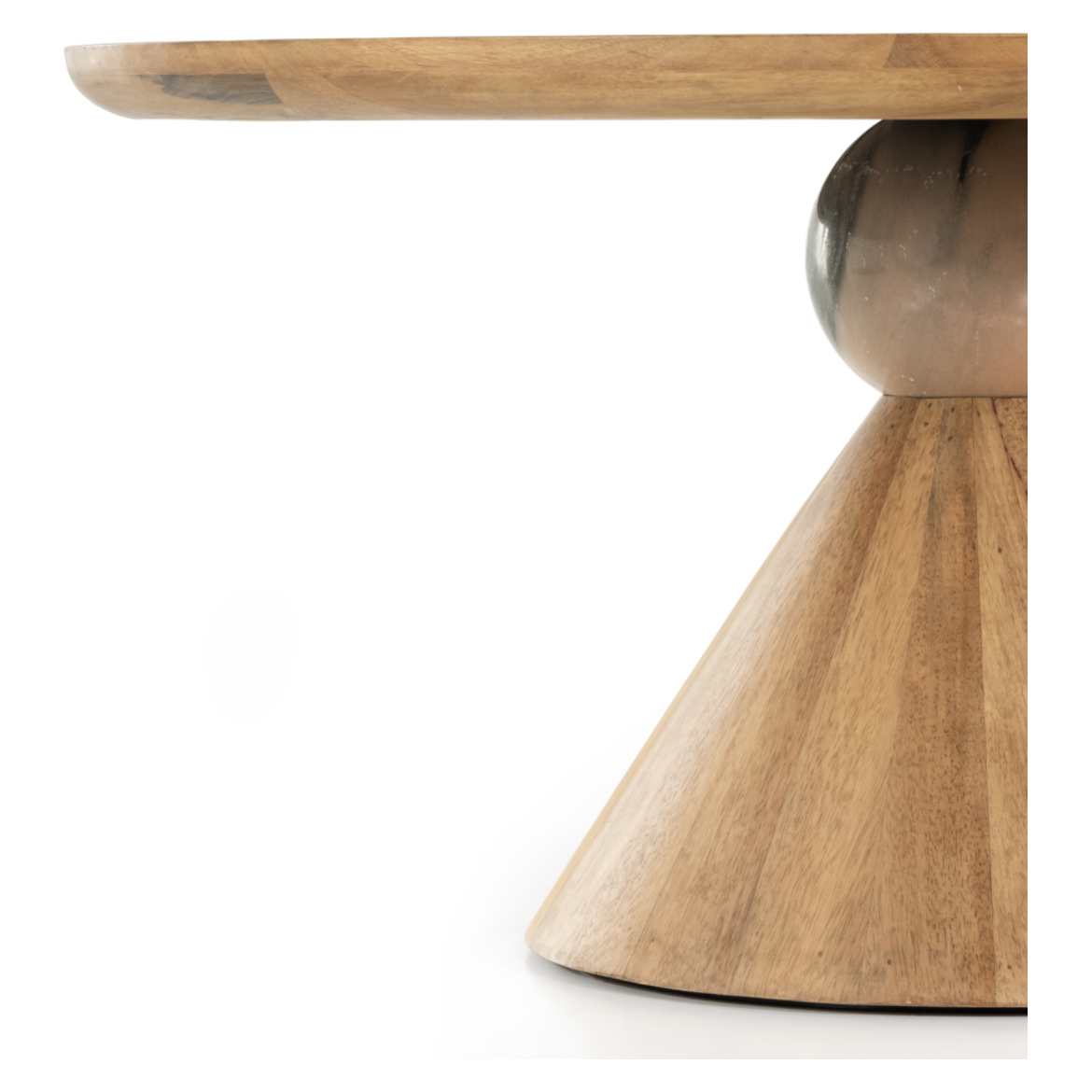 This Bibianna Dining Table - Smoked Honey is a sculptural showstopper inspired by Italian design. Finished in a smoked honey, a cone-tapered parawood base supports a roomy, rounded tabletop separated by blush-finished marble detailing. Seats six comfortably.  Overall Dimensions: 60.00"w x 60.00"d x 30.50"h