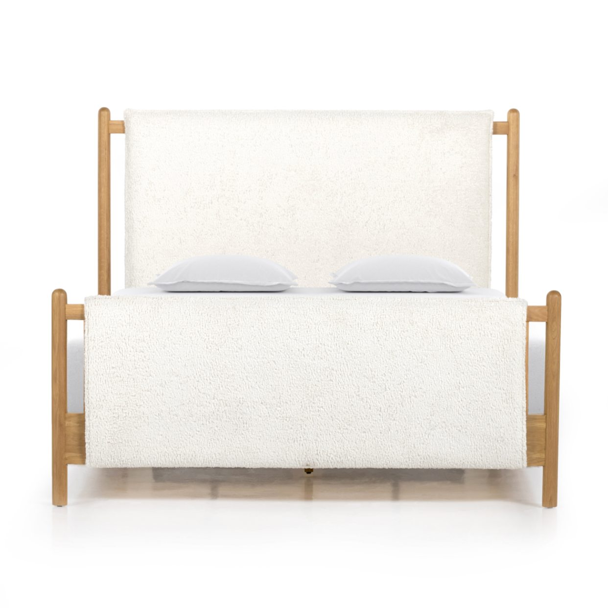 Bring a cozy hygge vibe to the bedroom with this textured Bowen Bed. Framed by light-finished solid oak, a sling-style bed features faux shearling head and foot boards -- sure to elevate any bedroom.   Queen Overall Dimensions: 64.25"w x 87.25"d x 48.00"h King Overall Dimensions: 80.25"w x 88.50"d x 48.00"h