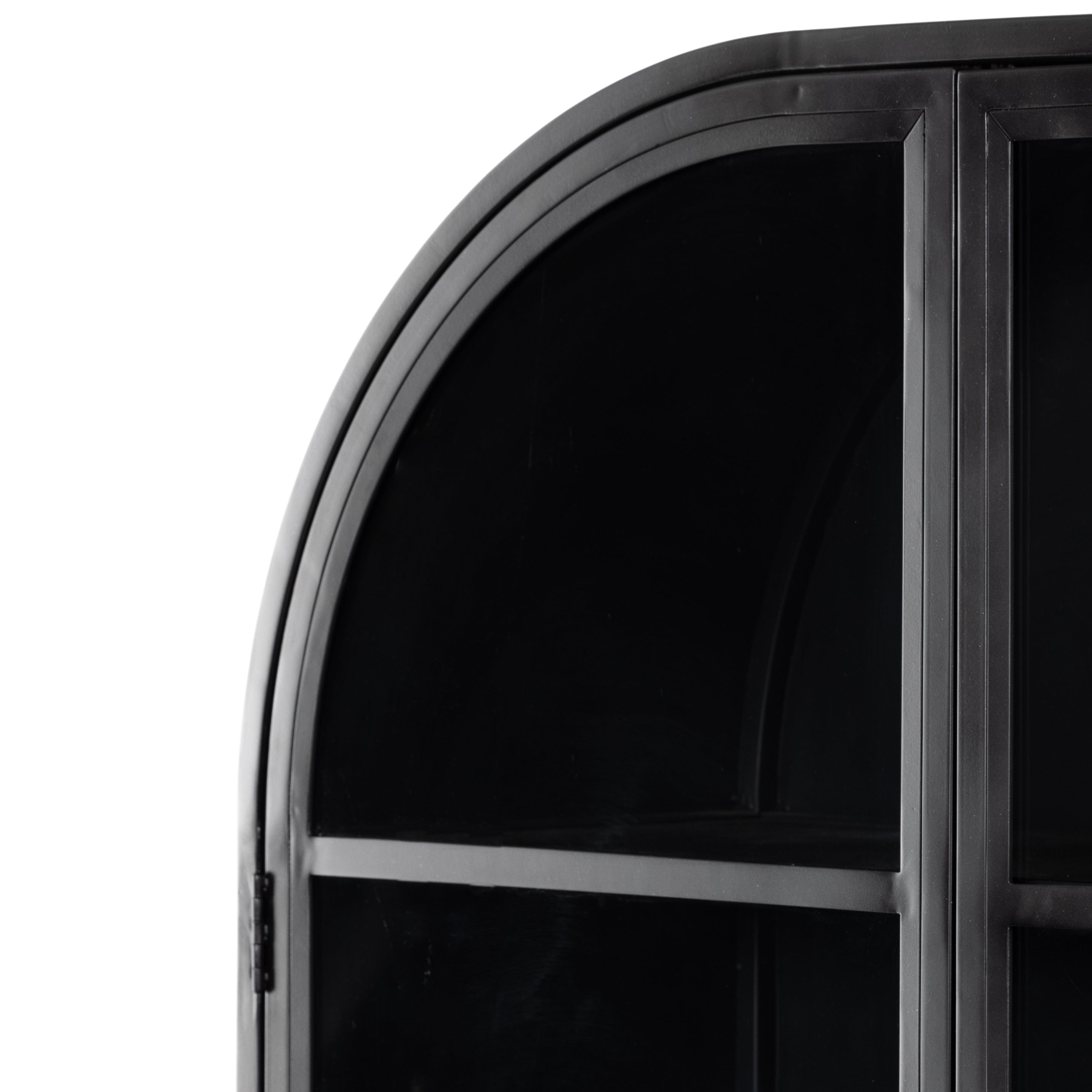 Store it in style with this Breya Cabinet - Black. Made from black-finished iron, beautifully arched cabinetry features glass-front doors, ideal for storing and displaying favorite books, photos, keepsakes, and more.  Overall Dimensions: 40.00"w x 16.25"d x 86.75"h