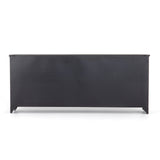 A black iron frame with windowpane detail contrasts a stark white interior for an updated take on the traditional media console. Open-front glass doors and ample shelving maximize storage and display options.  Size: 94.50"w x 16.00"d x 39.50"h Colors: Tempered Glass, Painted White, Black Materials: Glass, Iron