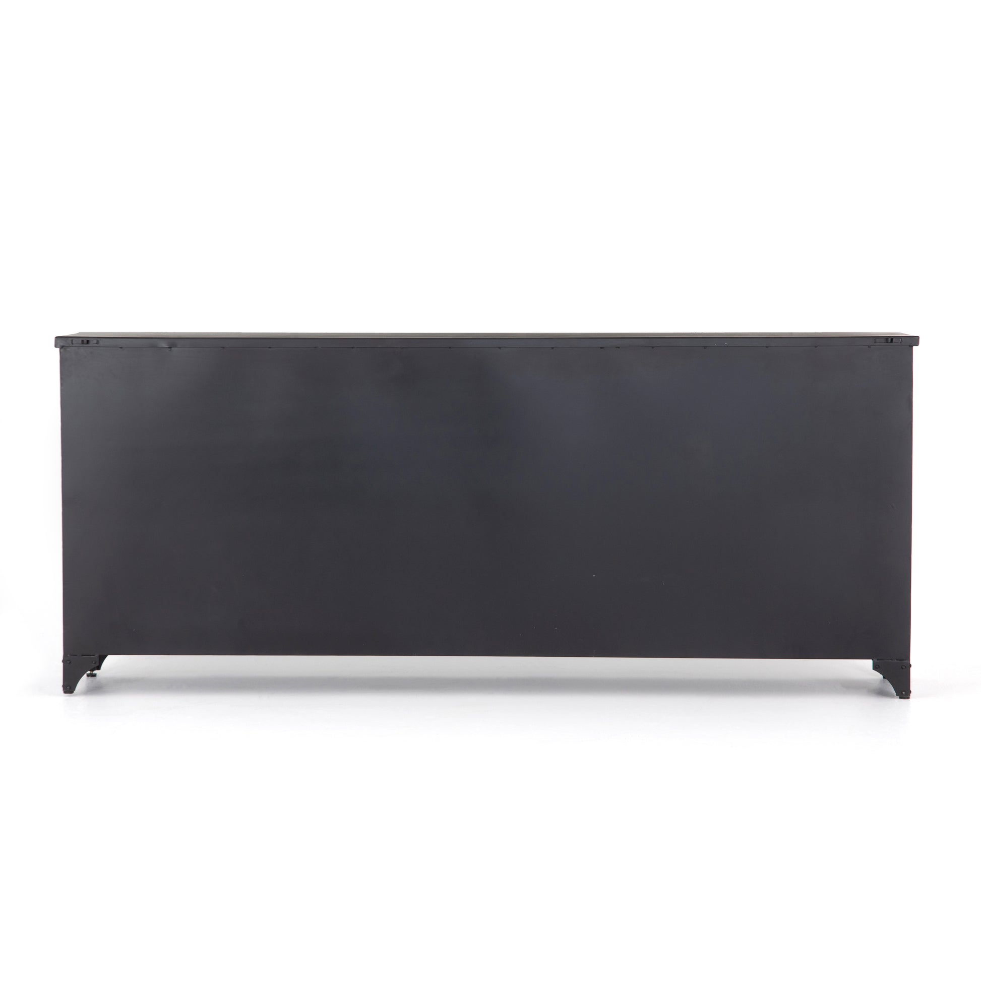 A black iron frame with windowpane detail contrasts a stark white interior for an updated take on the traditional media console. Open-front glass doors and ample shelving maximize storage and display options.  Size: 94.50"w x 16.00"d x 39.50"h Colors: Tempered Glass, Painted White, Black Materials: Glass, Iron