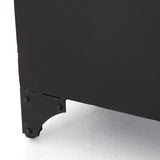 A black iron frame with windowpane detail contrasts a stark white interior for an updated take on the traditional media console. Open-front glass doors and ample shelving maximize storage and display options.  Size: 94.50"w x 16.00"d x 39.50"h Colors: Tempered Glass, Painted White, Black Materials: Glass, Iron
