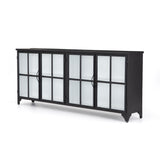 A black iron frame with windowpane detail contrasts a stark white interior for an updated take on the traditional media console. Open-front glass doors and ample shelving maximize storage and display options.  Size: 94.50"w x 16.00"d x 39.50"h Colors: Tempered Glass, Painted White, Black Materials: Glass, Iron