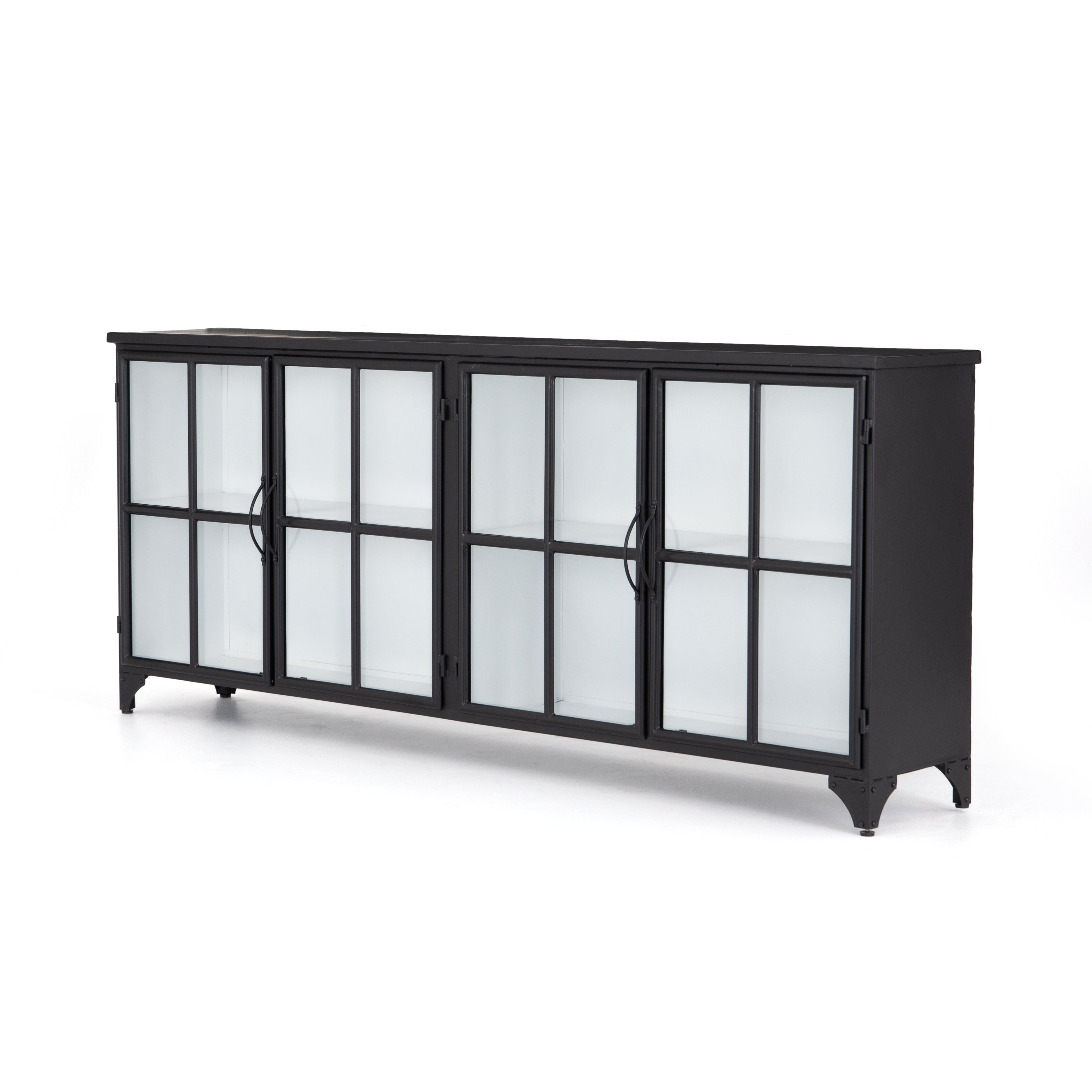 A black iron frame with windowpane detail contrasts a stark white interior for an updated take on the traditional media console. Open-front glass doors and ample shelving maximize storage and display options.  Size: 94.50"w x 16.00"d x 39.50"h Colors: Tempered Glass, Painted White, Black Materials: Glass, Iron