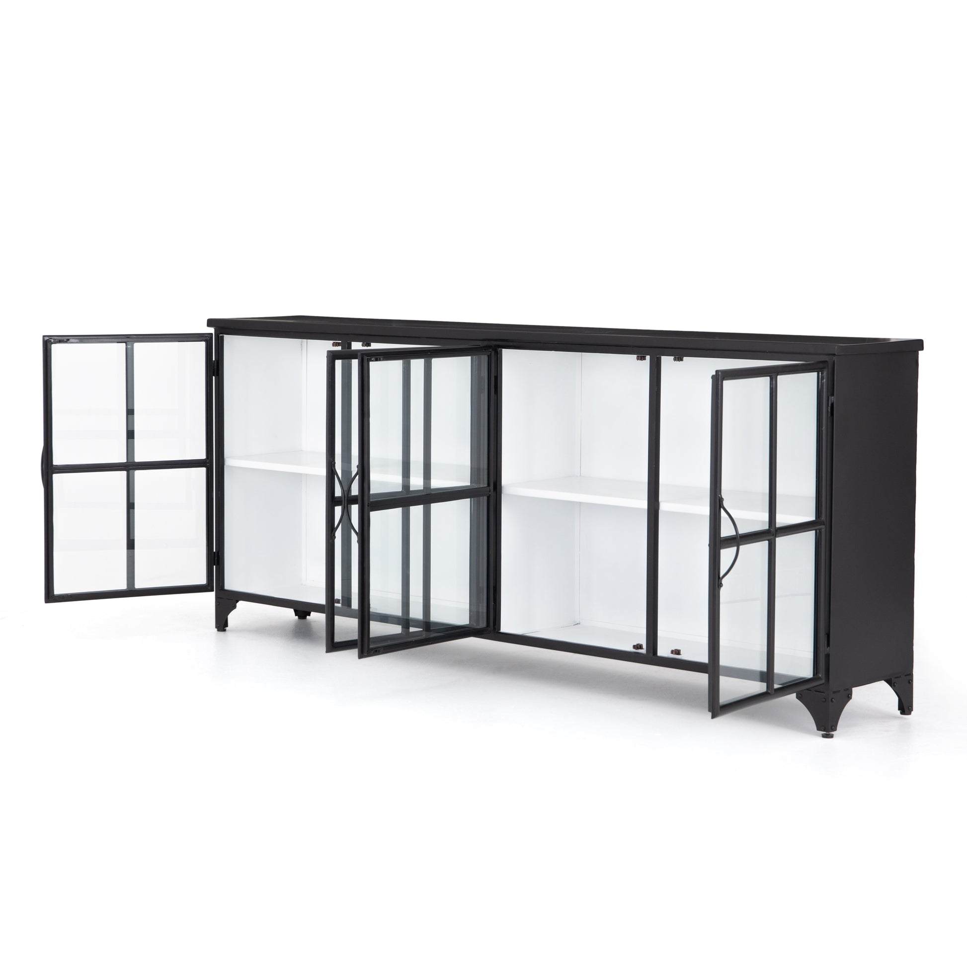 A black iron frame with windowpane detail contrasts a stark white interior for an updated take on the traditional media console. Open-front glass doors and ample shelving maximize storage and display options.  Size: 94.50"w x 16.00"d x 39.50"h Colors: Tempered Glass, Painted White, Black Materials: Glass, Iron