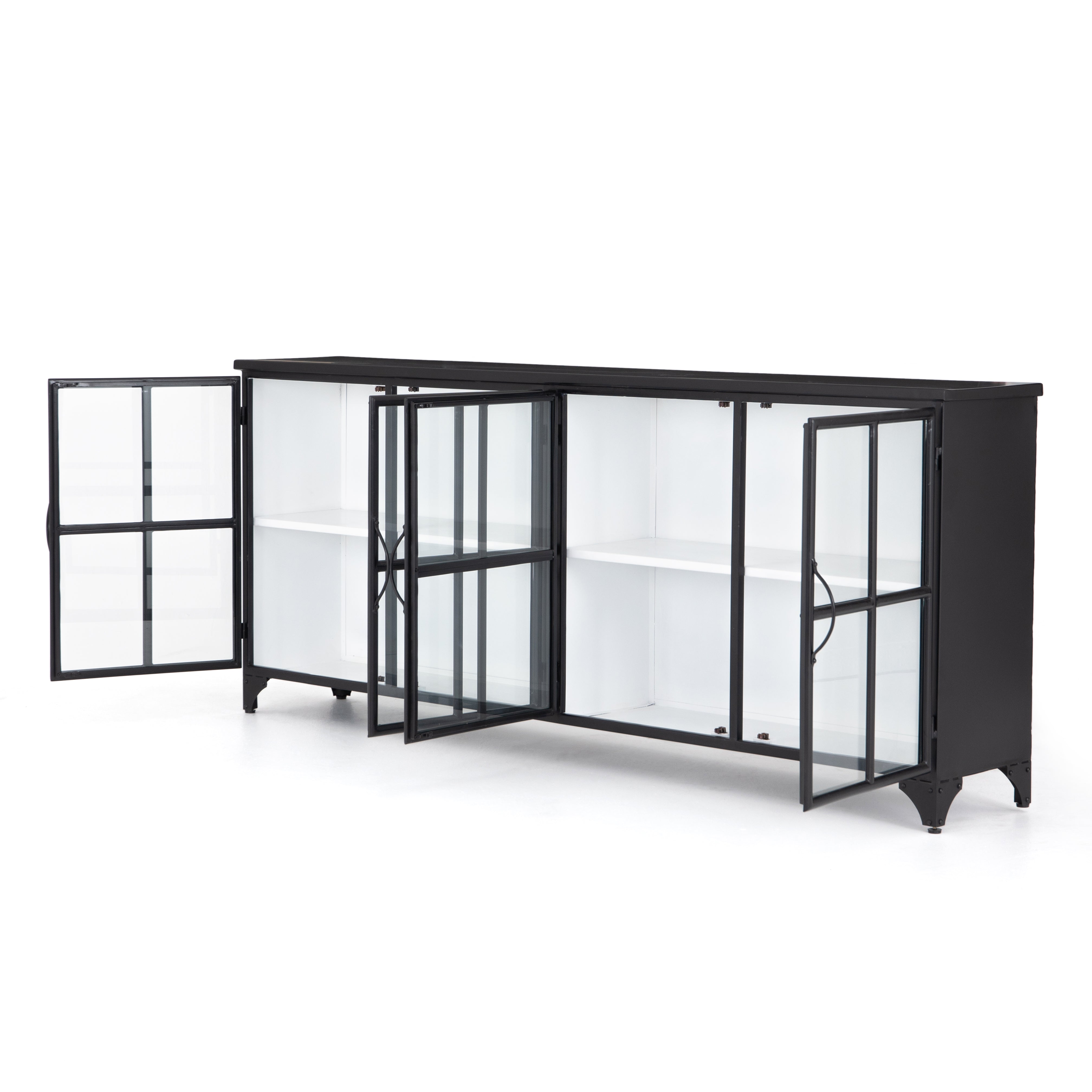 A black iron frame with windowpane detail contrasts a stark white interior for an updated take on the traditional media console. Open-front glass doors and ample shelving maximize storage and display options.  Size: 94.50"w x 16.00"d x 39.50"h Colors: Tempered Glass, Painted White, Black Materials: Glass, Iron