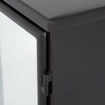 A black iron frame with windowpane detail contrasts a stark white interior for an updated take on the traditional media console. Open-front glass doors and ample shelving maximize storage and display options.  Size: 94.50"w x 16.00"d x 39.50"h Colors: Tempered Glass, Painted White, Black Materials: Glass, Iron