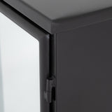 A black iron frame with windowpane detail contrasts a stark white interior for an updated take on the traditional media console. Open-front glass doors and ample shelving maximize storage and display options.  Size: 94.50"w x 16.00"d x 39.50"h Colors: Tempered Glass, Painted White, Black Materials: Glass, Iron