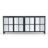 A black iron frame with windowpane detail contrasts a stark white interior for an updated take on the traditional media console. Open-front glass doors and ample shelving maximize storage and display options.  Size: 94.50"w x 16.00"d x 39.50"h Colors: Tempered Glass, Painted White, Black Materials: Glass, Iron