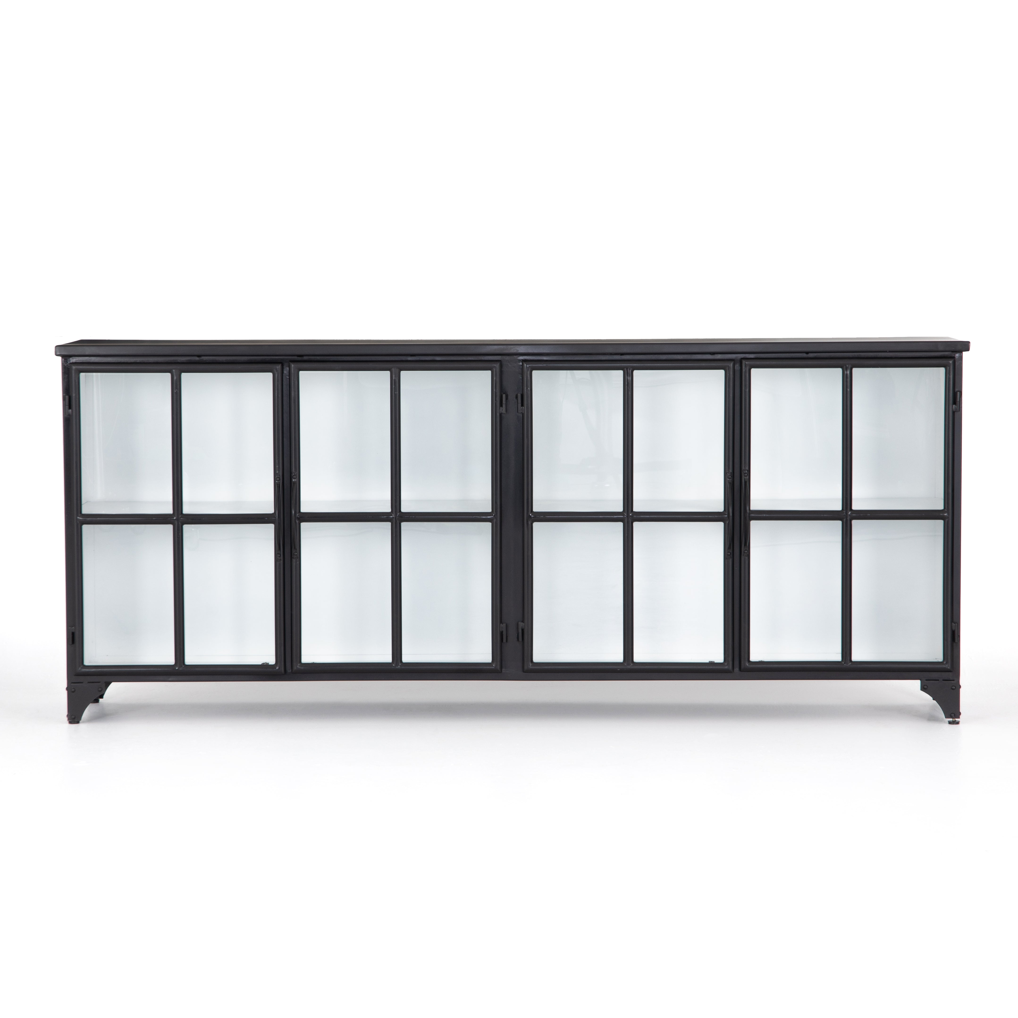 A black iron frame with windowpane detail contrasts a stark white interior for an updated take on the traditional media console. Open-front glass doors and ample shelving maximize storage and display options.  Size: 94.50"w x 16.00"d x 39.50"h Colors: Tempered Glass, Painted White, Black Materials: Glass, Iron
