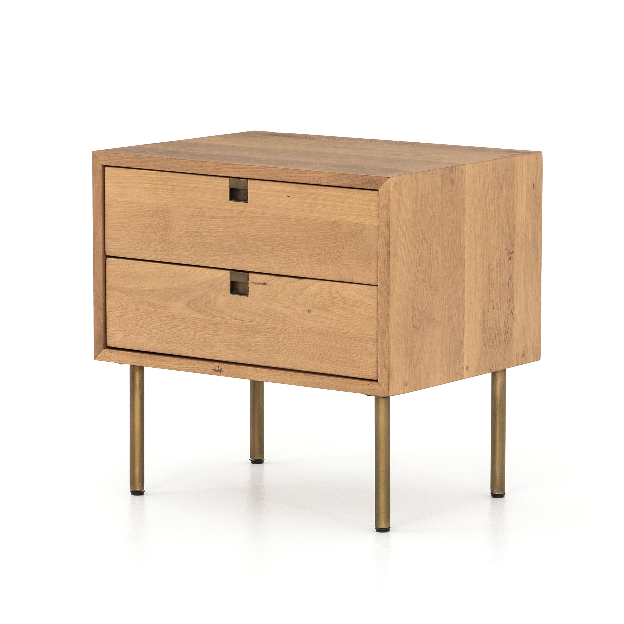 Style meets simplicity in this Danish-inspired design. Solid natural oak forms clean lines, welcoming dual drawers with squared iron hardware in a satin brass finish. Great solo or in pairs, for handy bedside storage.  Overall Dimensions: 24.00"w x 18.00"d x 23.00"h Colors: Satin Brass, Natural Oak Materials: Iron, Oak