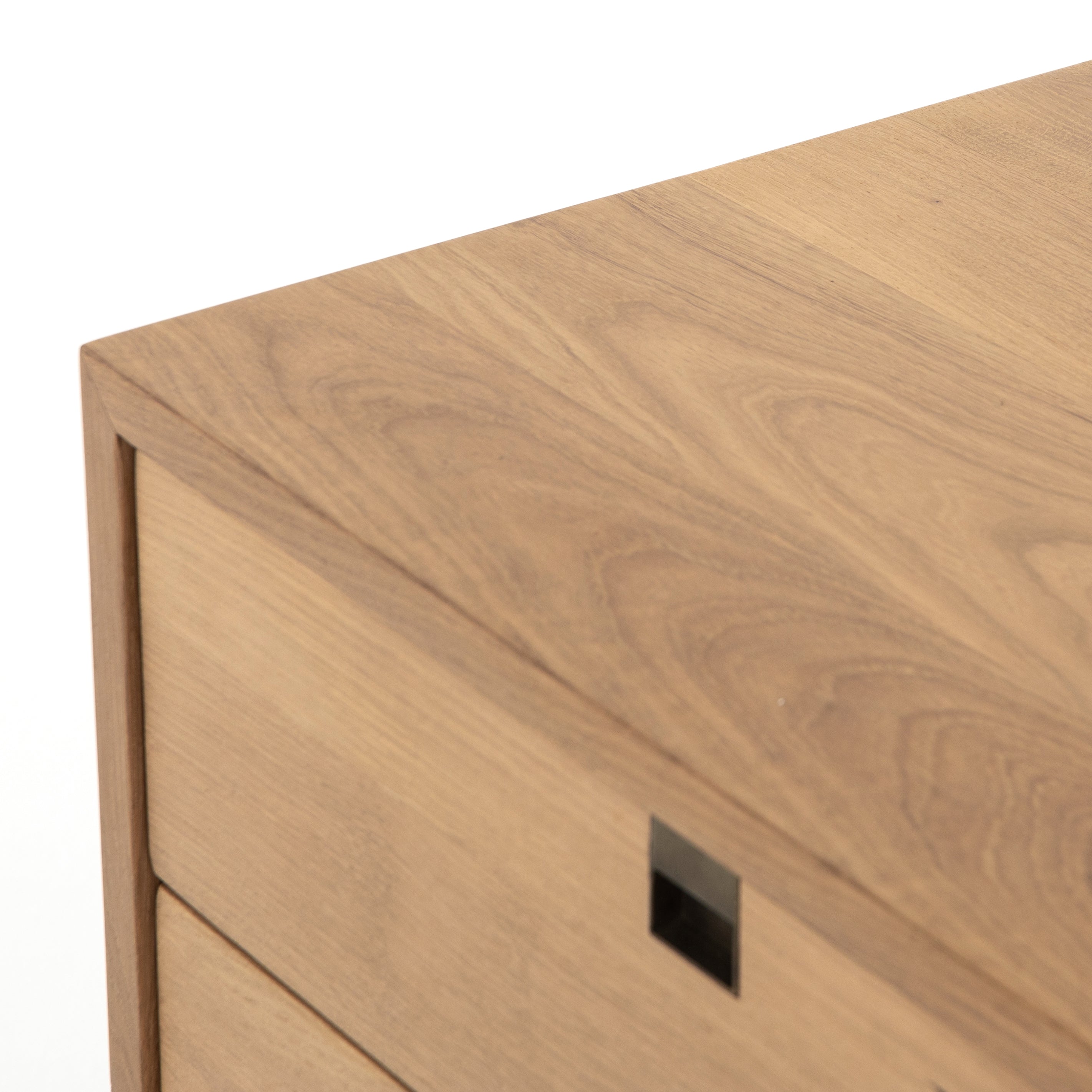 Style meets simplicity in this Danish-inspired design. Solid natural oak forms clean lines, welcoming dual drawers with squared iron hardware in a satin brass finish. Great solo or in pairs, for handy bedside storage.  Overall Dimensions: 24.00"w x 18.00"d x 23.00"h Colors: Satin Brass, Natural Oak Materials: Iron, Oak