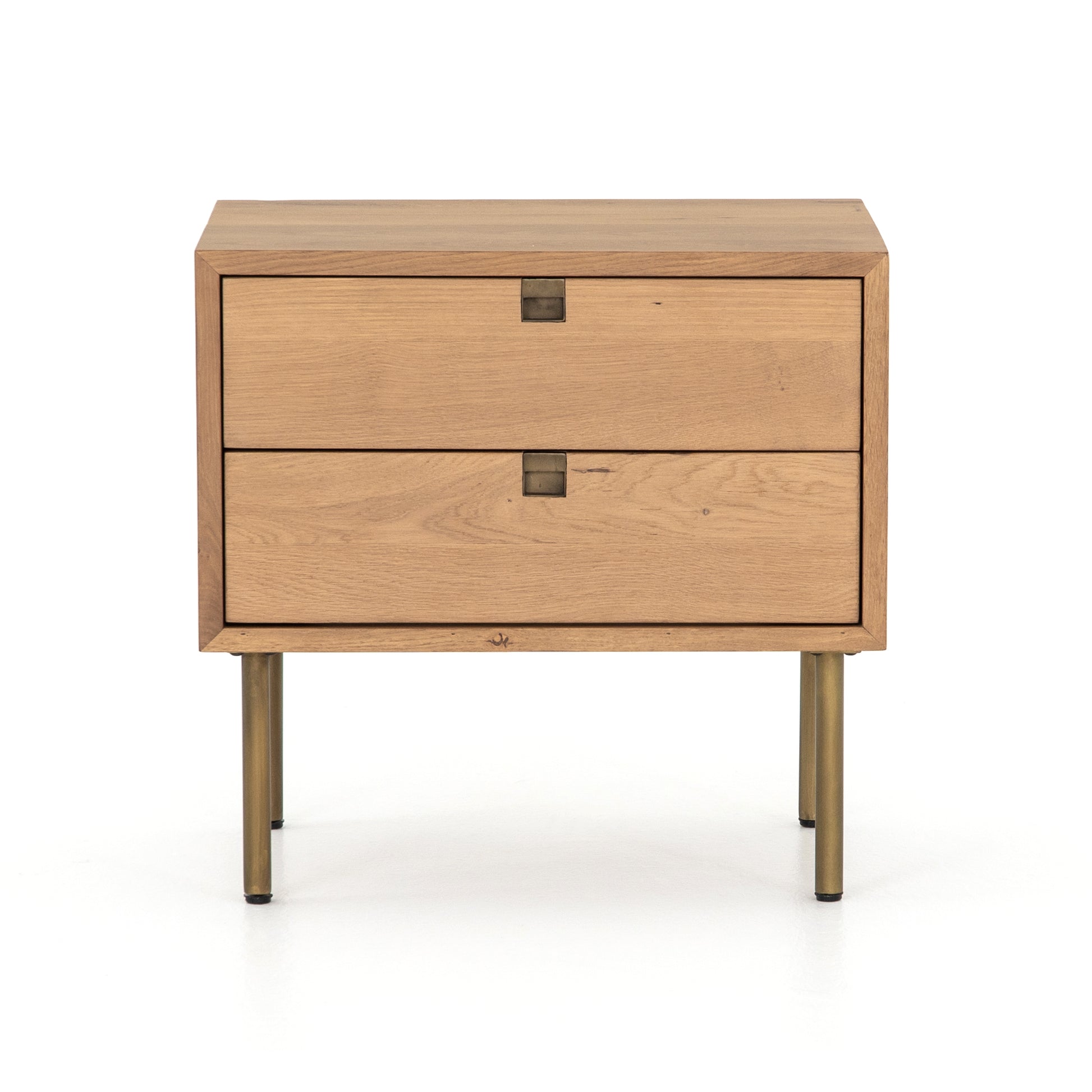 Style meets simplicity in this Danish-inspired design. Solid natural oak forms clean lines, welcoming dual drawers with squared iron hardware in a satin brass finish. Great solo or in pairs, for handy bedside storage.  Overall Dimensions: 24.00"w x 18.00"d x 23.00"h Colors: Satin Brass, Natural Oak Materials: Iron, Oak