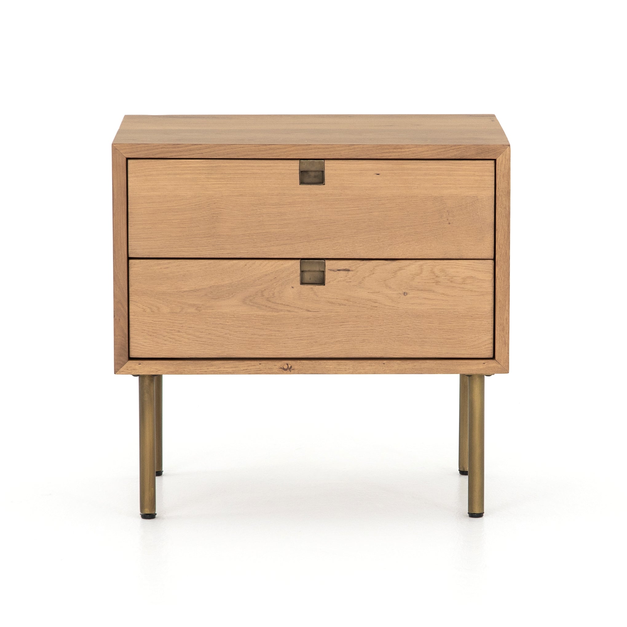 Style meets simplicity in this Danish-inspired design. Solid natural oak forms clean lines, welcoming dual drawers with squared iron hardware in a satin brass finish. Great solo or in pairs, for handy bedside storage.  Overall Dimensions: 24.00"w x 18.00"d x 23.00"h Colors: Satin Brass, Natural Oak Materials: Iron, Oak