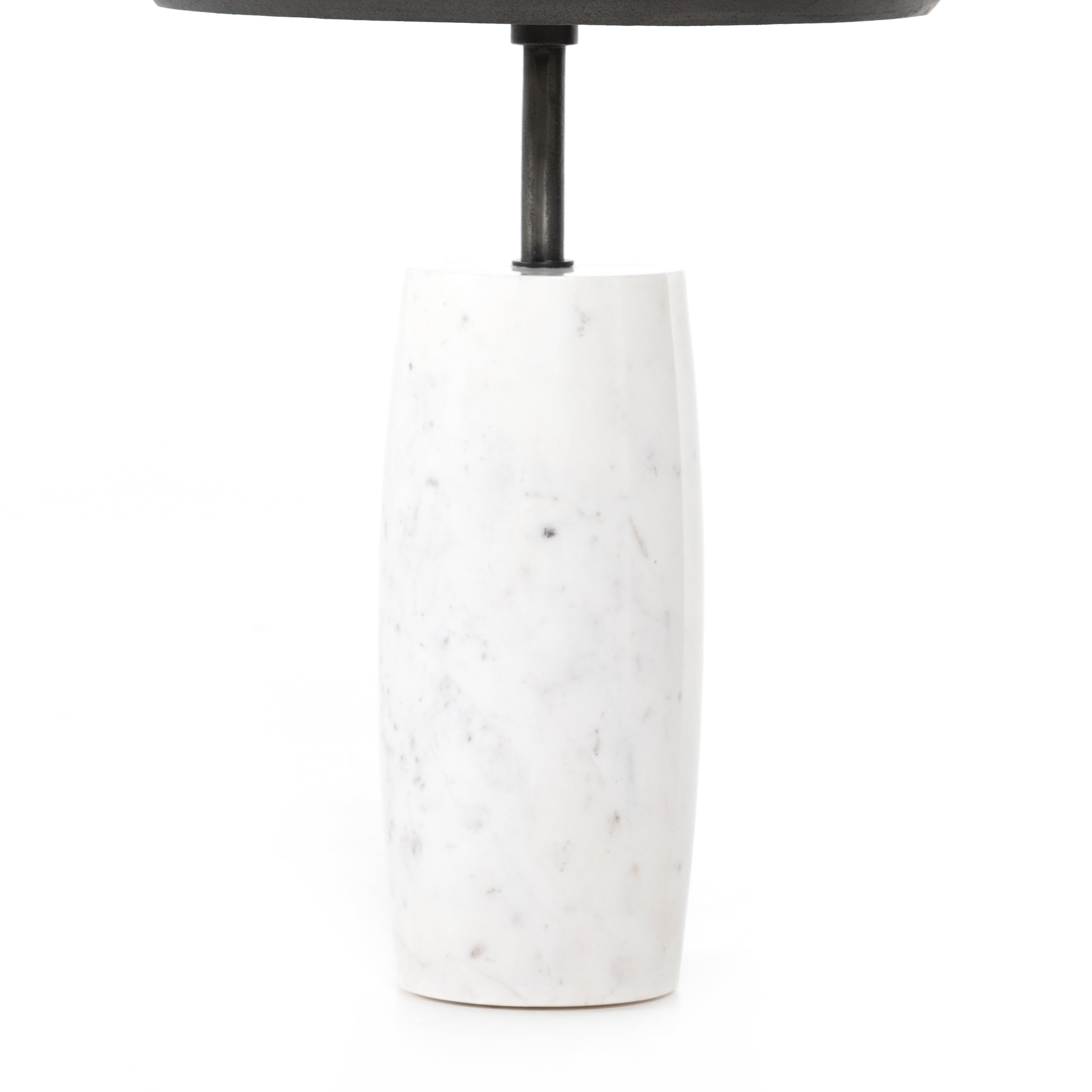 Simply sophisticated with this Cronos End Table - Polished White Marble. Finished in a polished white, a solid turned marble base supports a tray-style tabletop of grey-hammered iron, spurring beautifully eye-catching contrast for any living room or bedroom.   Overall Dimensions: 19.75"w x 19.75"d x 24.75"h