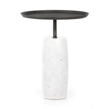 Simply sophisticated with this Cronos End Table - Polished White Marble. Finished in a polished white, a solid turned marble base supports a tray-style tabletop of grey-hammered iron, spurring beautifully eye-catching contrast for any living room or bedroom.   Overall Dimensions: 19.75"w x 19.75"d x 24.75"h