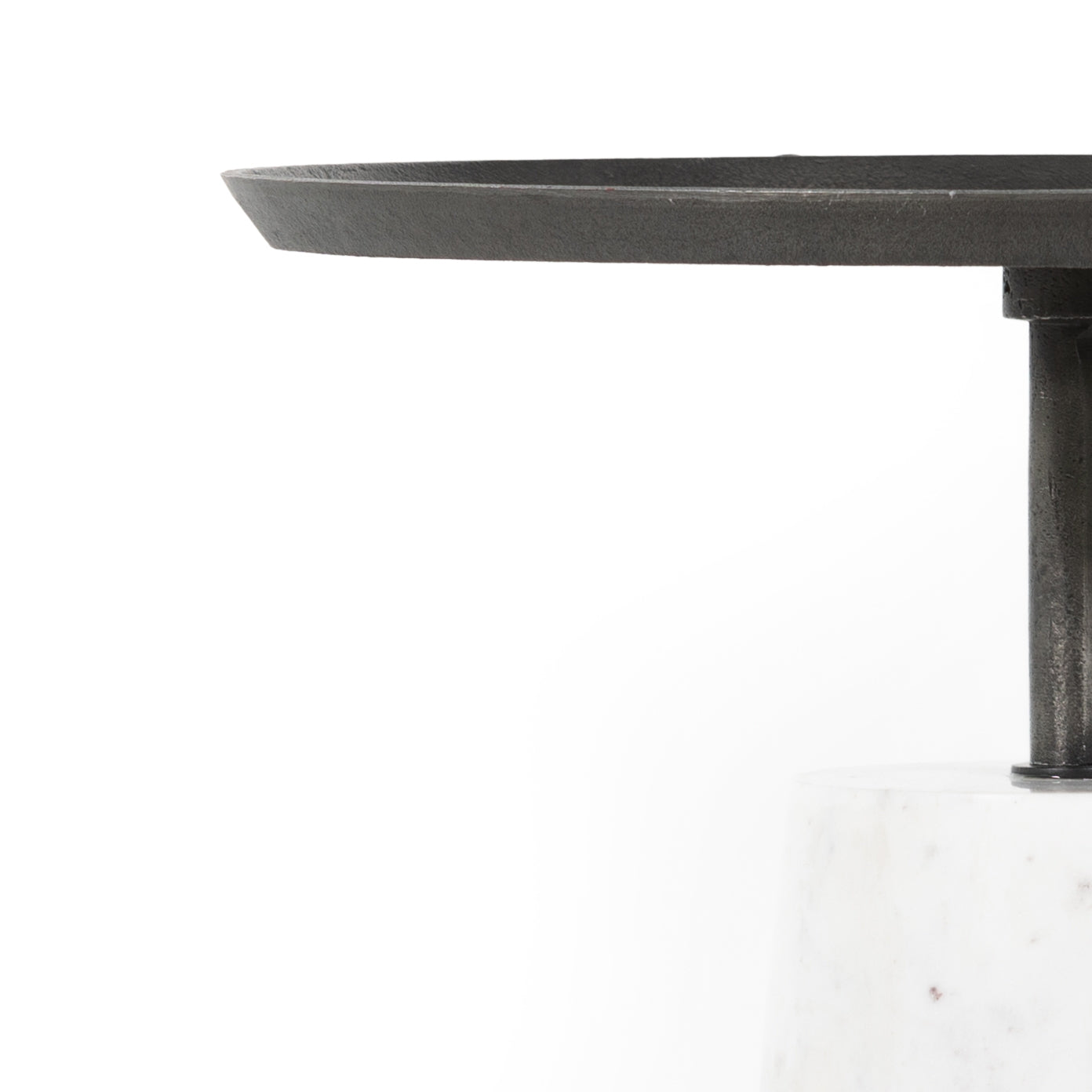 Simply sophisticated with this Cronos End Table - Polished White Marble. Finished in a polished white, a solid turned marble base supports a tray-style tabletop of grey-hammered iron, spurring beautifully eye-catching contrast for any living room or bedroom.   Overall Dimensions: 19.75"w x 19.75"d x 24.75"h