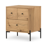 This Eaton Nightstand - Light Oak has a gorgeous, thick oak veneer with thin, iron legs. With one large drawer and two smaller drawers, this is the perfect nightstand to complete your bedroom.   Overall Dimensions: 23.50"w x 18.50"d x 26.00"h Colors: Dark Gunmetal, Light Oak Resin Materials: Iron, Thick Oak Veneer